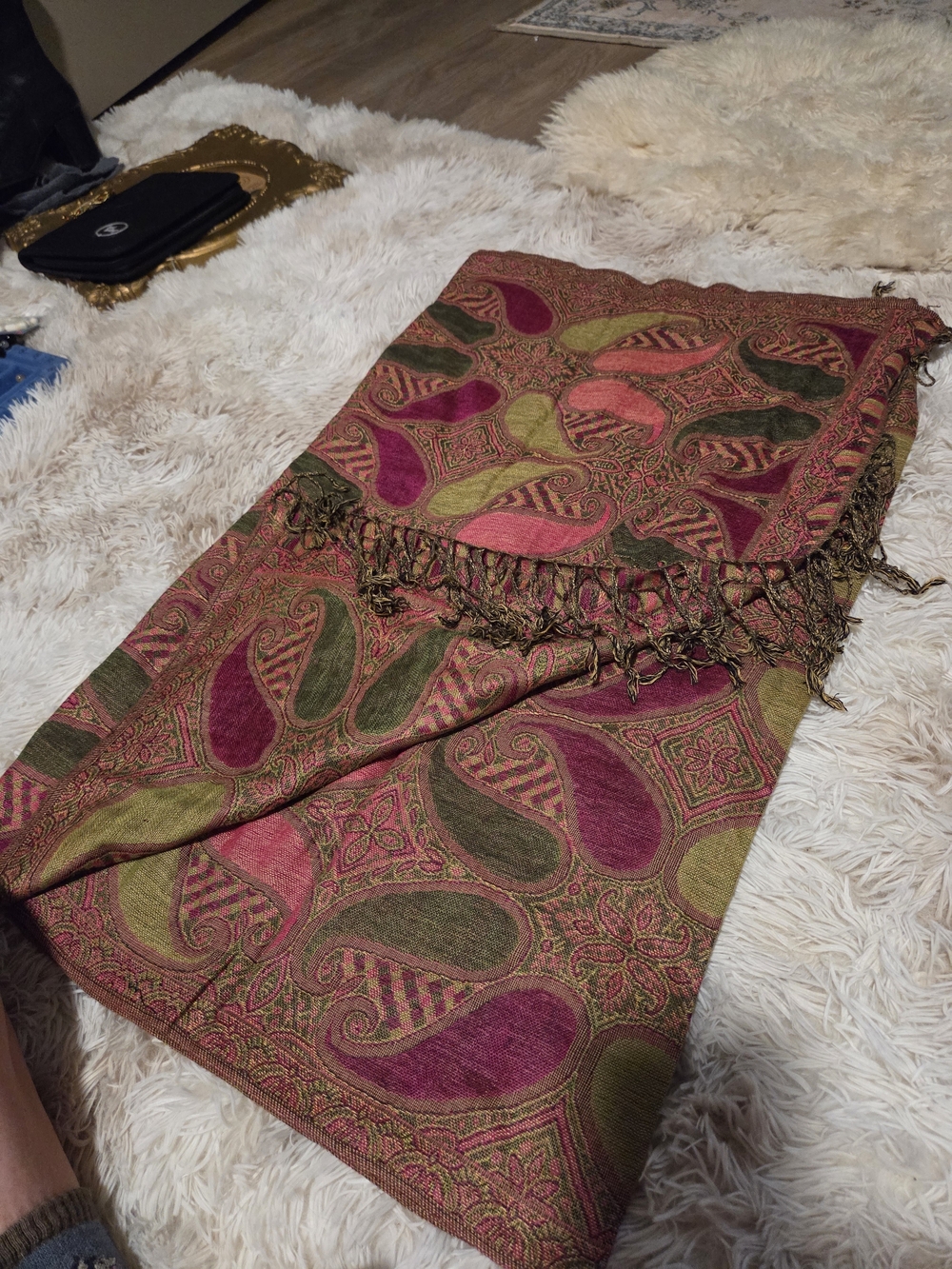 Woven Paisley Fringe Pashmina - Pink & Green